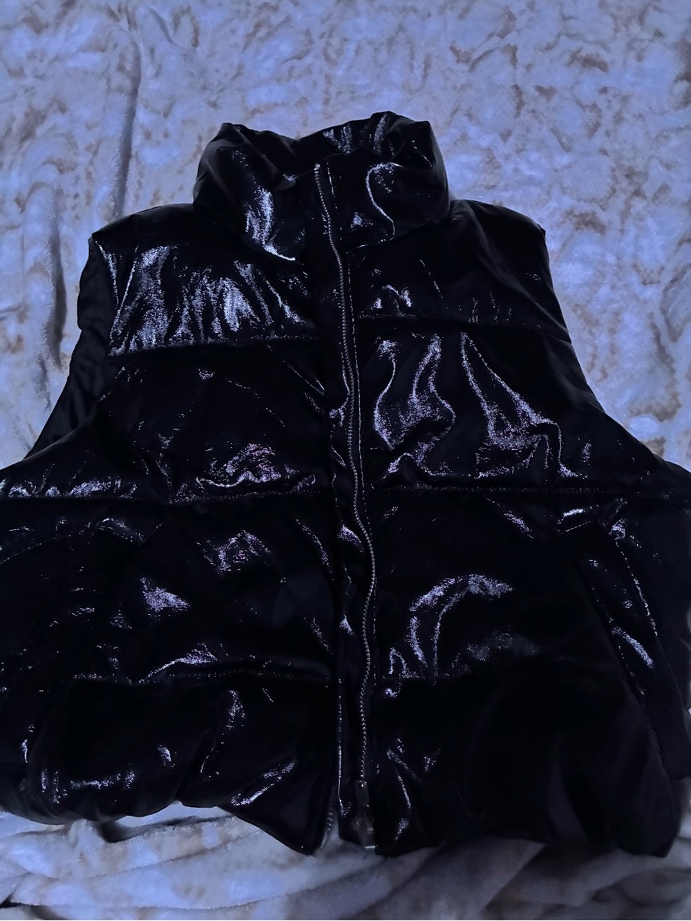 Shiny Black Womens Puffer Vest with High Collar